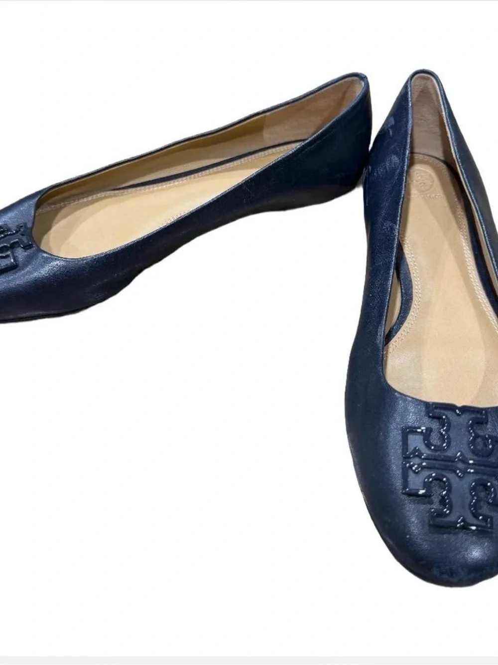 Tory Burch Navy Leather Logo Round-Toe Ballet Flats
